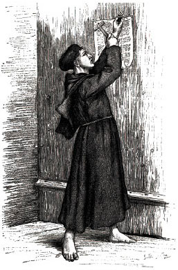 Luther is shown tacking his 95 Theses  to a church door in Wittenberg